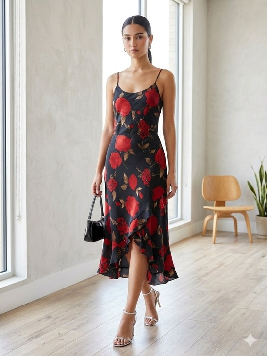 Jessica Dresses & Skirts - Vintage 90s Black / Red Floral Ruffle Midi Slip Dress - Medium